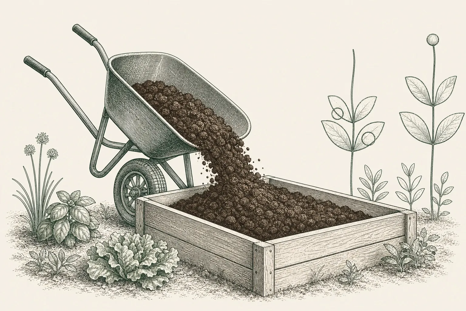 a wheelbarrow tipping rich dark soil into a wooden raised bed being filled in a garden