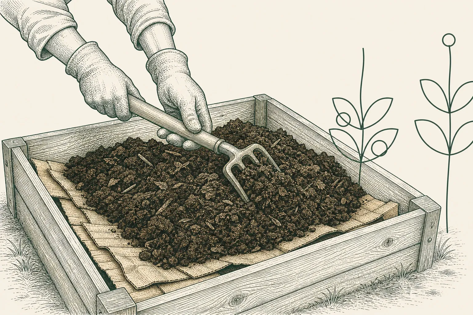a gardener's hands turning topsoil and compost together with a fork inside a timber raised bed, cardboard lining visible at the base
