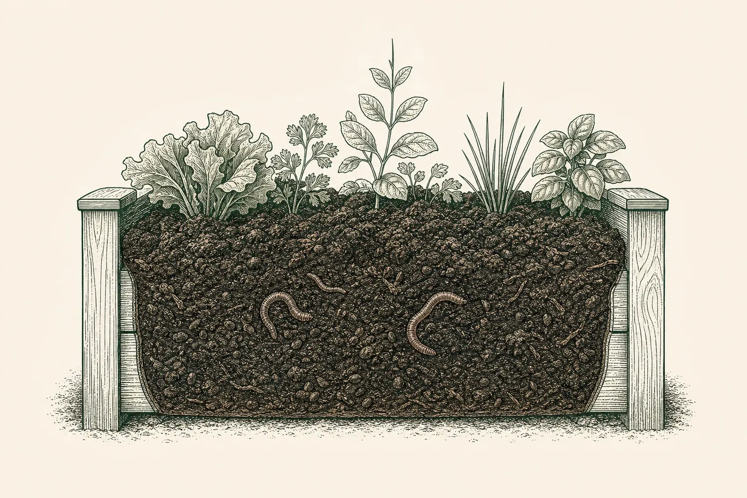a cutaway cross-section of a raised garden bed filled with a blend of dark topsoil and crumbly compost, a few earthworms visible in the loose soil