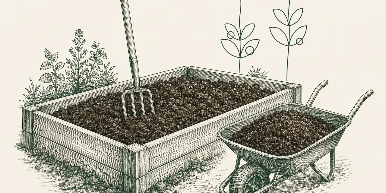Illustration of dark crumbly soil and compost being mixed in a timber raised bed, with a garden fork standing in the soil and a wheelbarrow of compost beside it