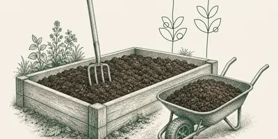 Illustration of dark crumbly soil and compost being mixed in a timber raised bed, with a garden fork standing in the soil and a wheelbarrow of compost beside it