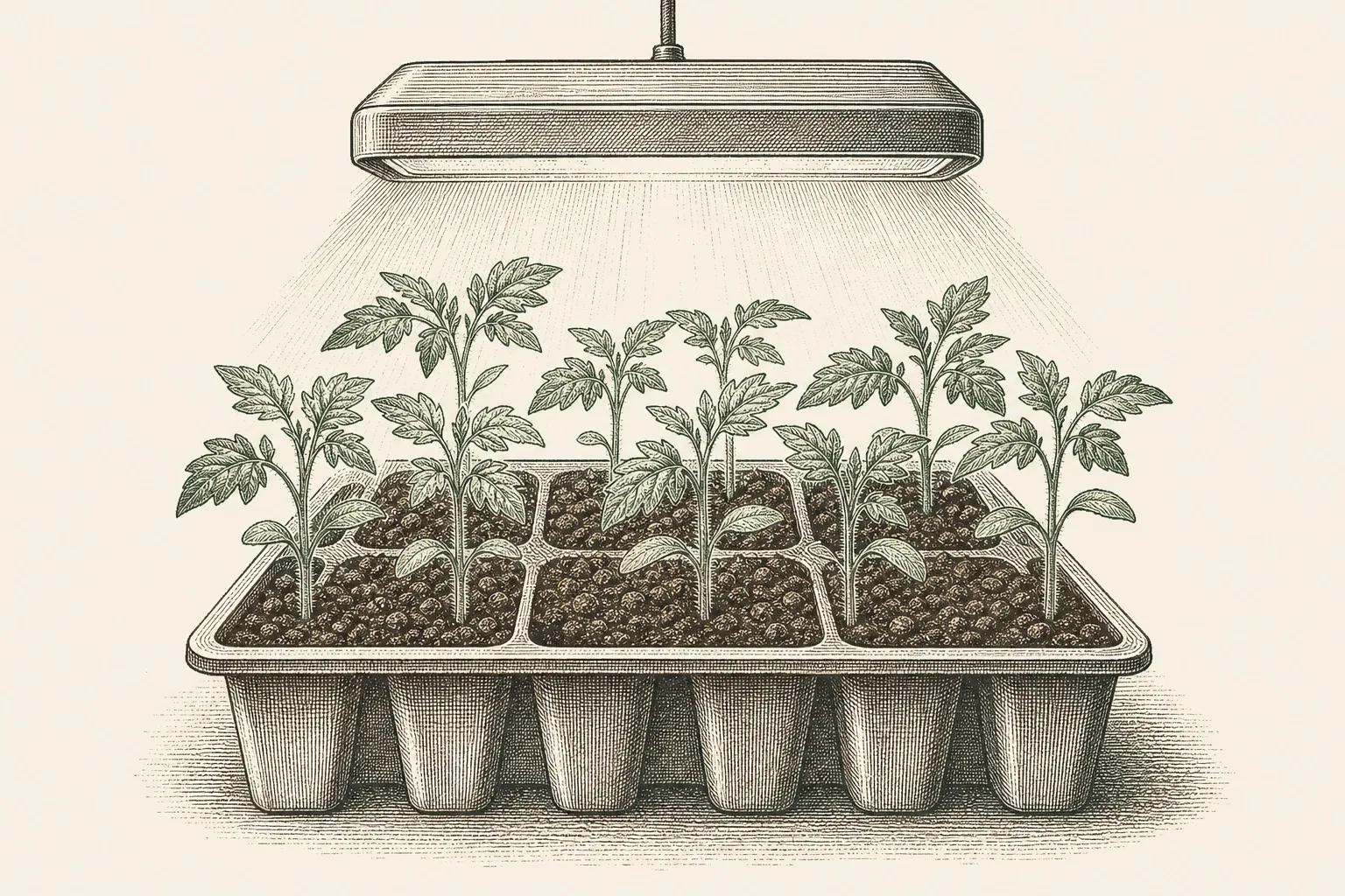 a tray of healthy young tomato seedlings growing under a grow light
