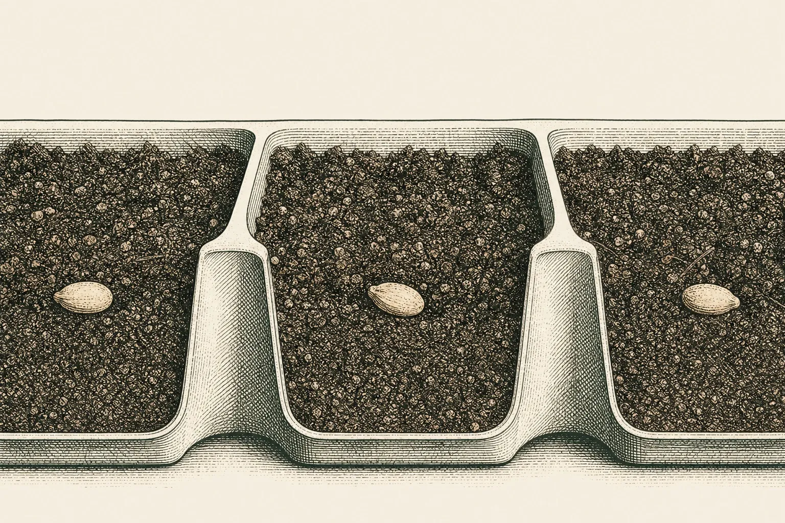 a close cutaway of tomato seeds sown into a seed tray at shallow depth in fine seed-starting mix