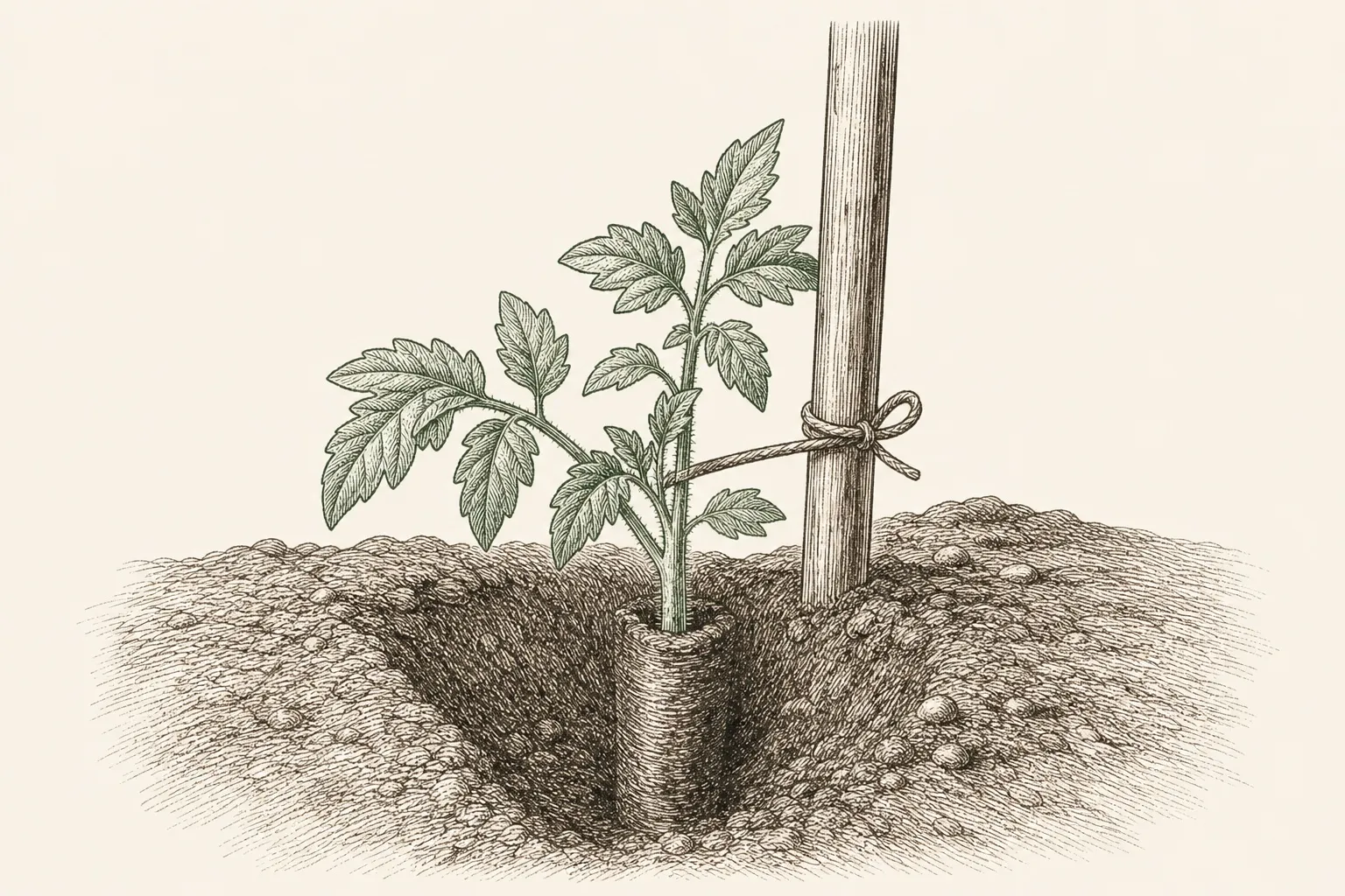 a young tomato plant planted deep into a garden bed with its stem buried and a stake beside it