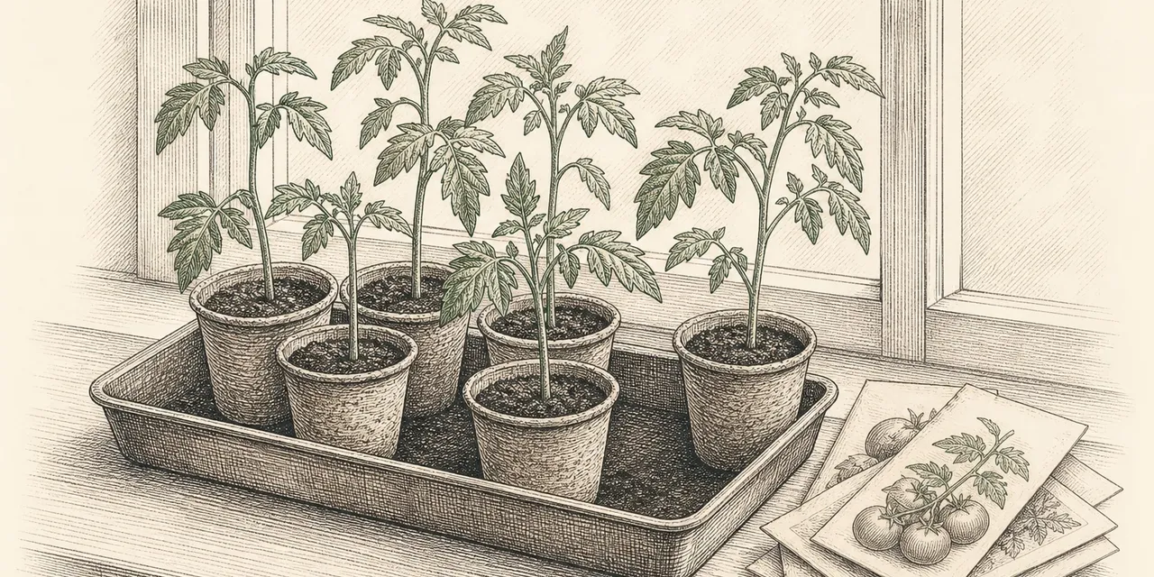 Engraving illustration of young tomato seedlings in pots on a windowsill beside seed packets