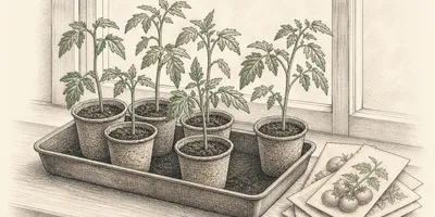 Engraving illustration of young tomato seedlings in pots on a windowsill beside seed packets