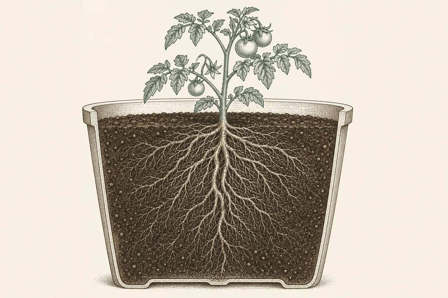 a cutaway of a large container showing a single tomato plant's deep root ball growing in potting compost