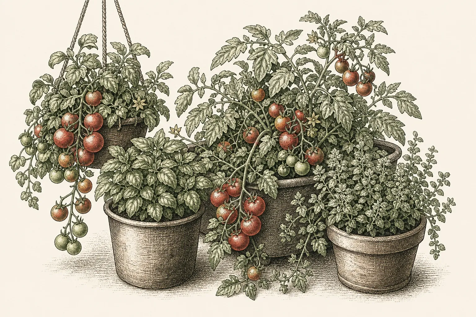 a cluster of compact bush and tumbling cherry tomato plants suited to pots, troughs and hanging baskets