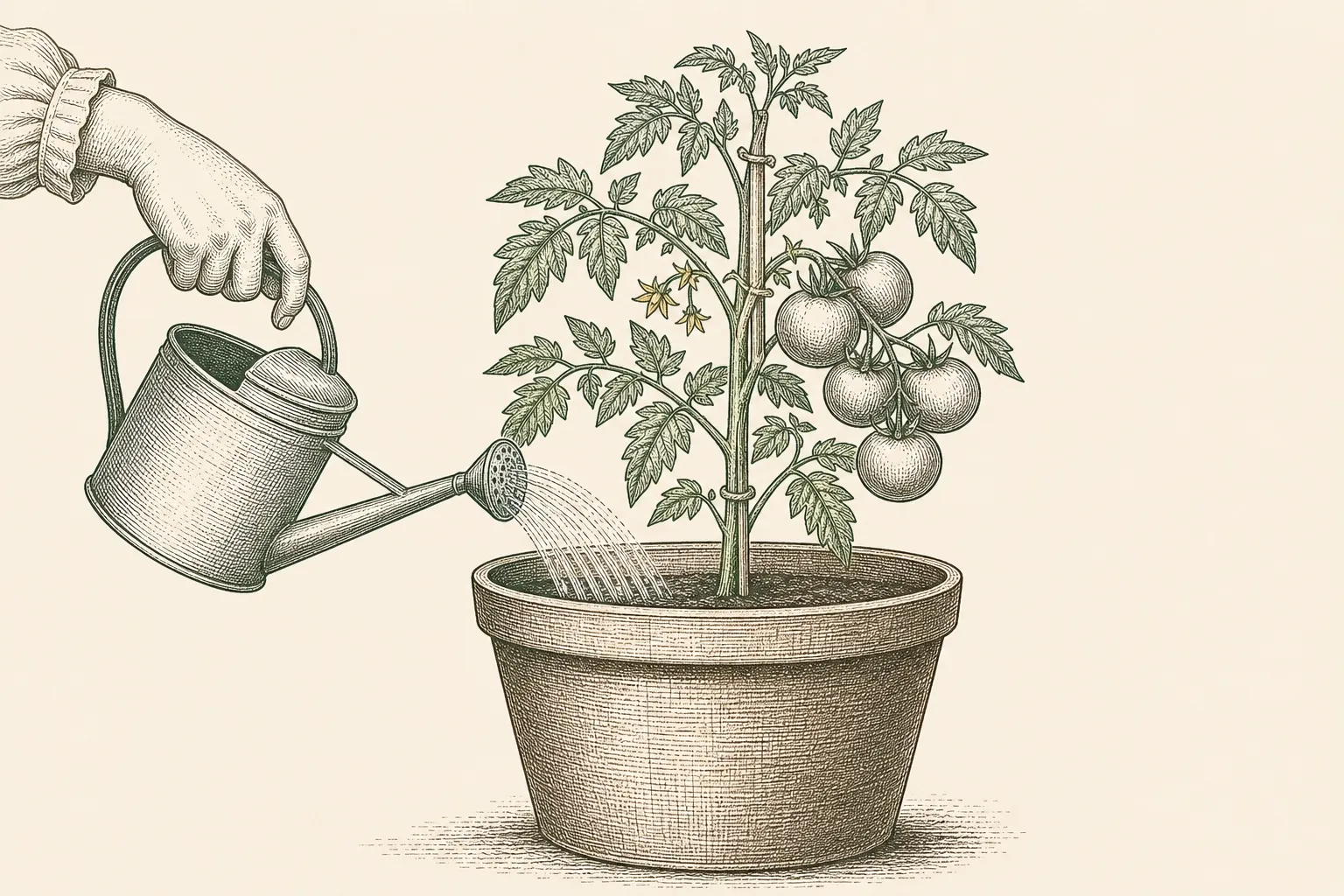 a hand watering a fruiting tomato plant in a large pot with a watering can, water running to the base