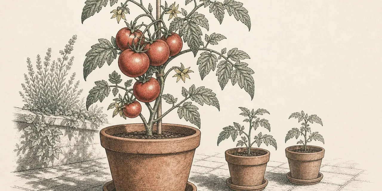 Engraving illustration of tomato plants laden with ripe fruit growing in terracotta pots on a patio