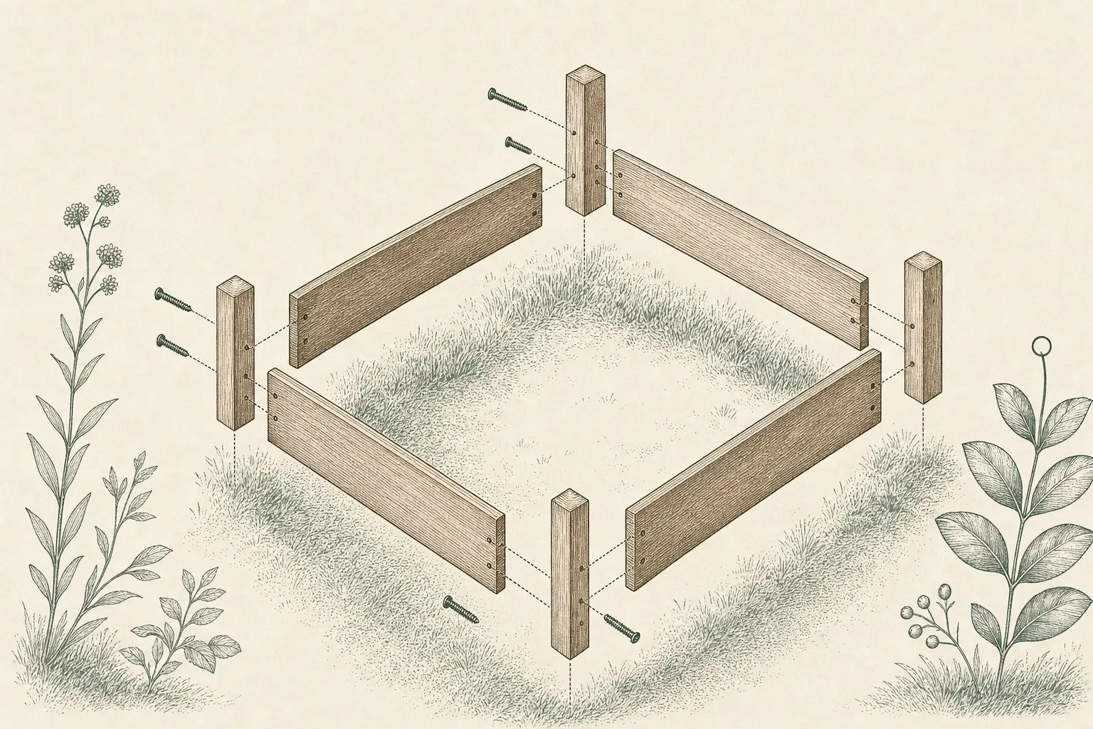 an exploded assembly view of a simple timber raised garden bed, four cedar boards with corner posts and screws coming together on the grass