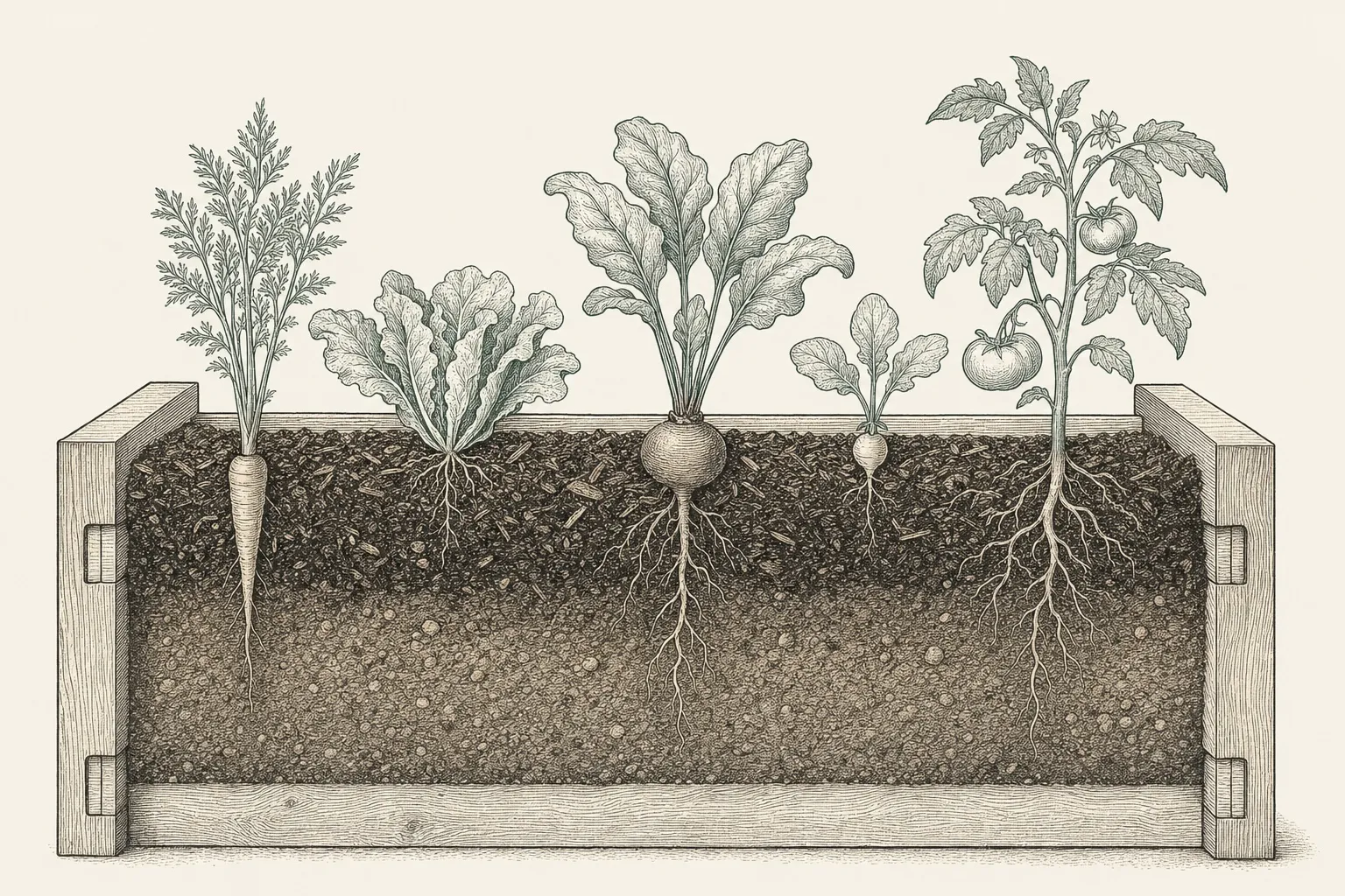 a cutaway cross-section of a raised garden bed showing dark compost layered over topsoil, with vegetable roots reaching down into the soil