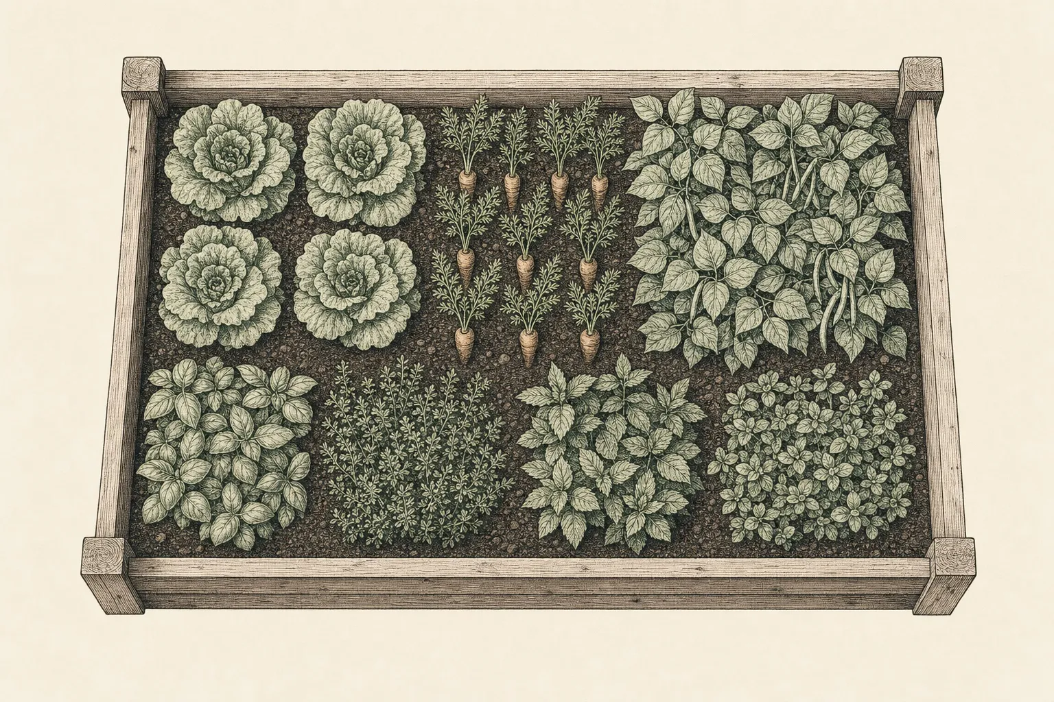 a top-down view of a raised garden bed planted in tidy blocks of lettuce, carrots, bush beans and herbs