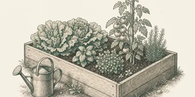 Engraving-style illustration of a timber raised bed planted with lettuce, staked tomatoes and herbs, with a watering can beside it