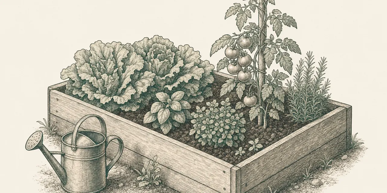 Engraving-style illustration of a timber raised bed planted with lettuce, staked tomatoes and herbs, with a watering can beside it