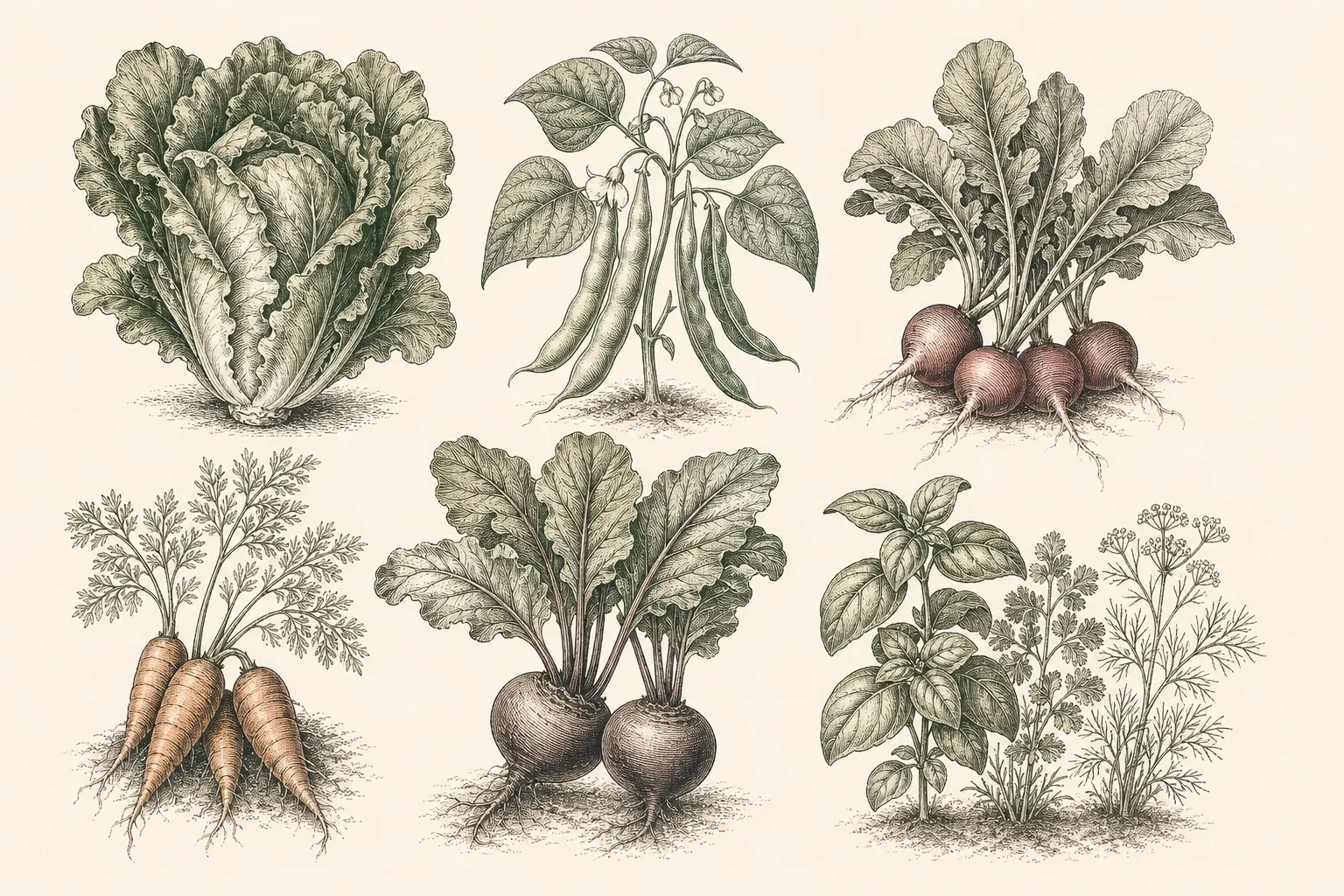 a botanical plate of beginner vegetables - lettuce, bush beans, radishes, carrots, beets and herbs