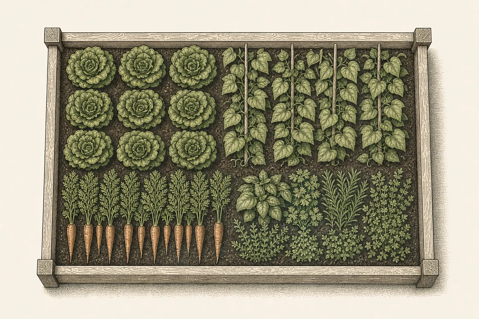 a top-down plan of a raised vegetable bed divided into planting blocks of lettuce, beans, carrots and herbs