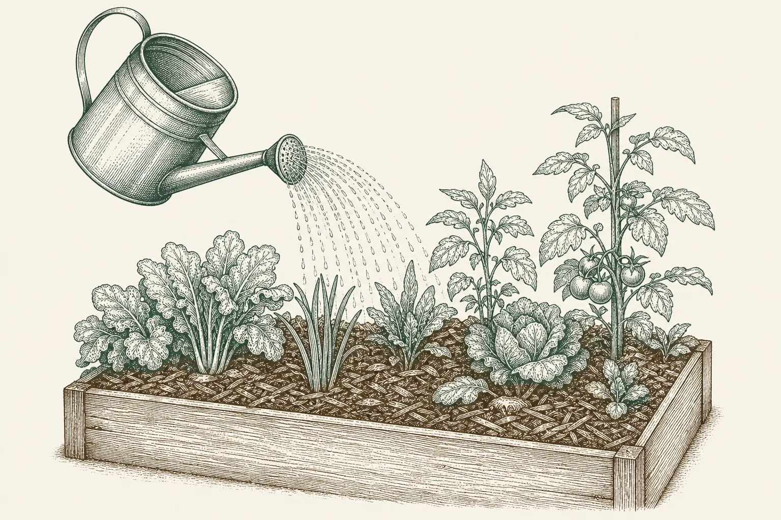 a watering can pouring over a mulched raised vegetable bed
