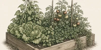 Engraving illustration of a flourishing raised vegetable bed with lettuce, beans, tomatoes and herbs