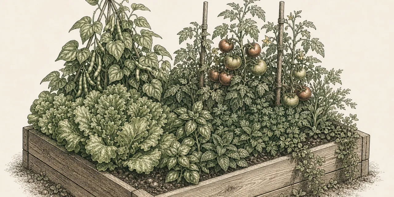 Engraving illustration of a flourishing raised vegetable bed with lettuce, beans, tomatoes and herbs