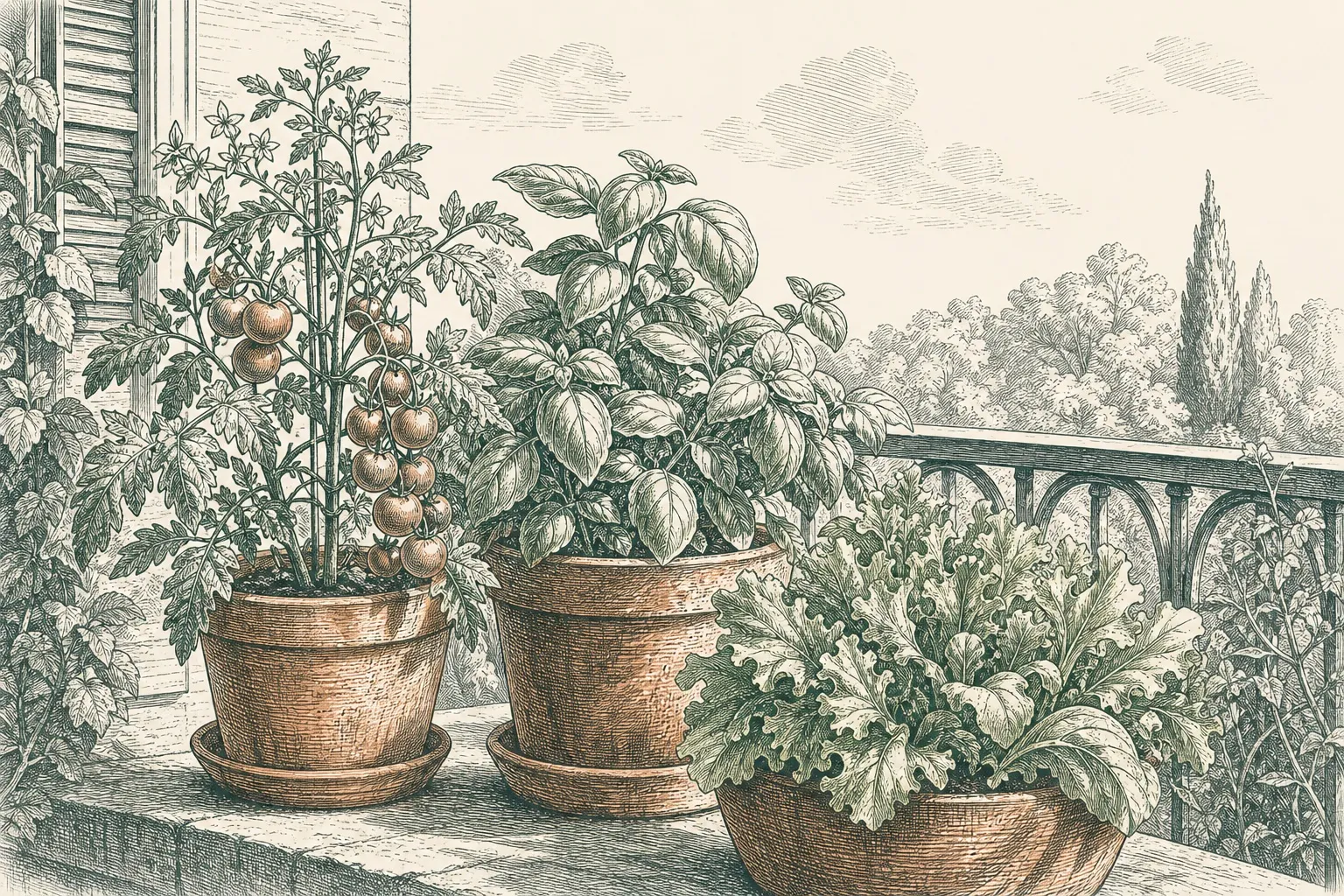 a sunny balcony edge with deep terracotta pots of cherry tomato plants, bushy basil and loose salad leaves
