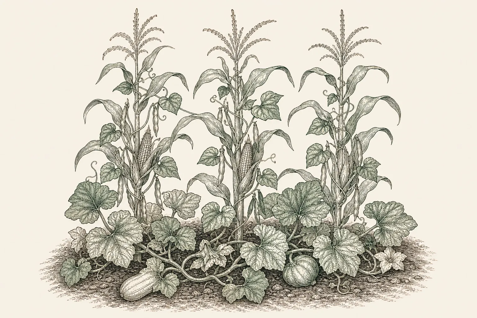 a three sisters planting of corn with climbing beans winding up the stalks and trailing squash leaves below, growing together in one bed
