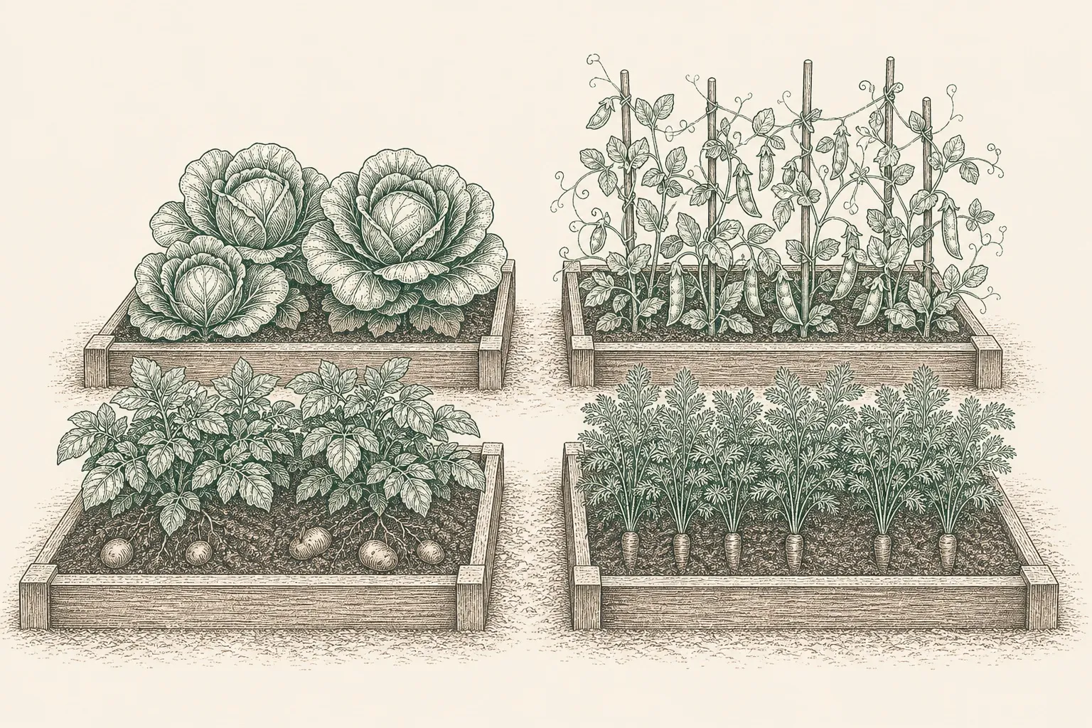 four separate vegetable beds each planted with a different crop family, leafy cabbages, climbing peas, potato foliage and feathery carrot tops