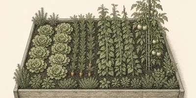 Top-down botanical engraving of a 4 by 8 foot vegetable garden bed planted in blocks of salad, roots, beans and a staked tomato