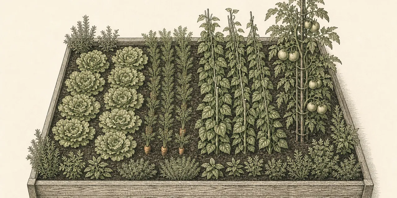Top-down botanical engraving of a 4 by 8 foot vegetable garden bed planted in blocks of salad, roots, beans and a staked tomato