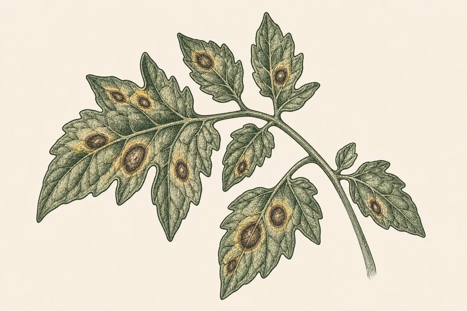 a tomato leaf with early blight, dark brown target-ring spots surrounded by a yellow halo