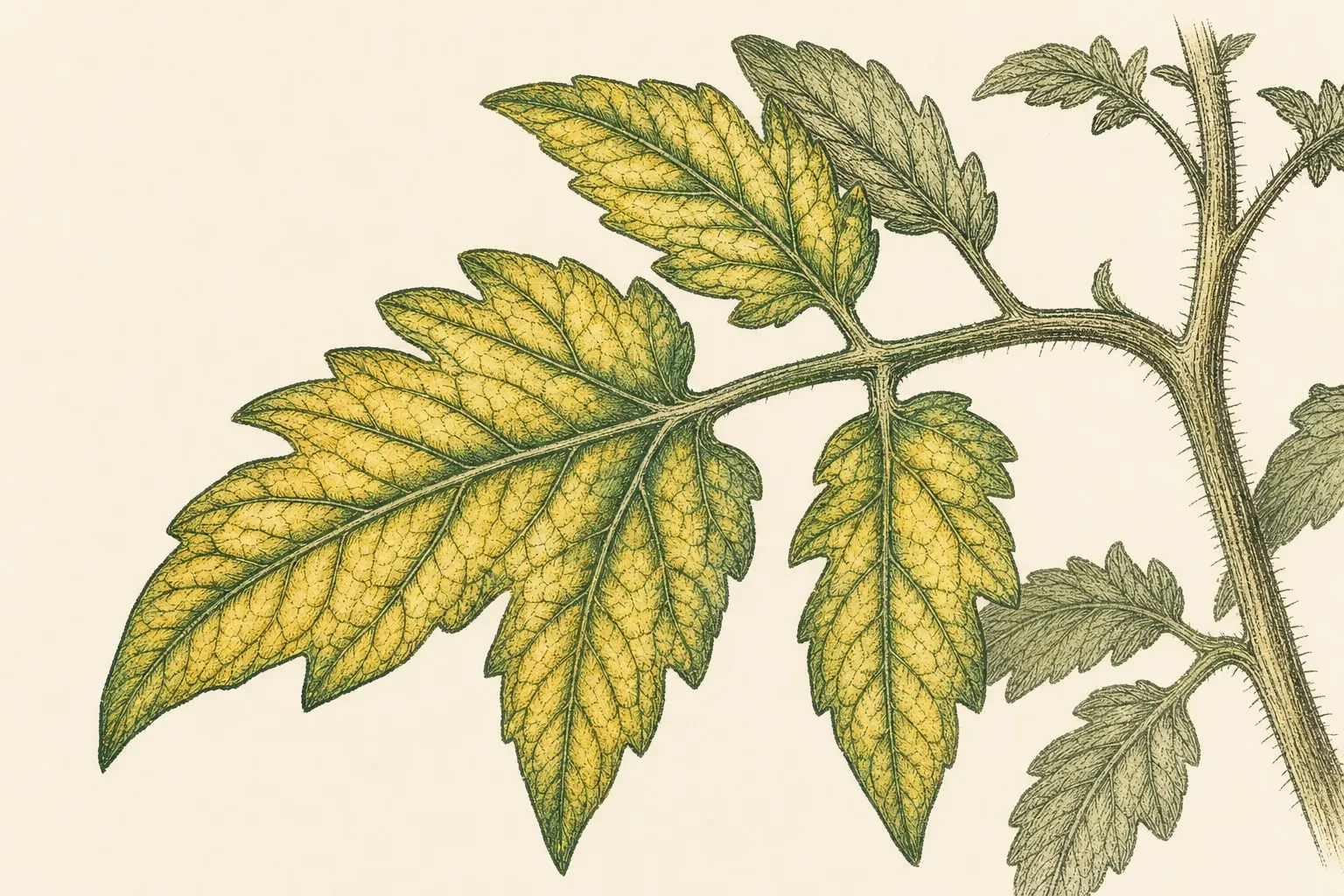 a close-up of a tomato leaf showing interveinal yellowing with green veins, classic magnesium deficiency
