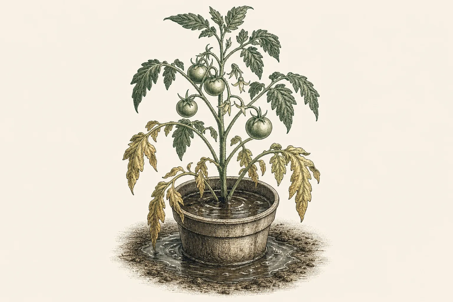 a potted tomato plant in waterlogged soggy soil with drooping yellowing lower leaves