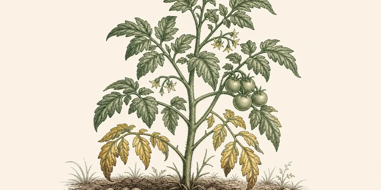 Engraving illustration of a tomato plant with green upper foliage and yellowing lower leaves