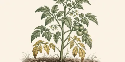 Engraving illustration of a tomato plant with green upper foliage and yellowing lower leaves